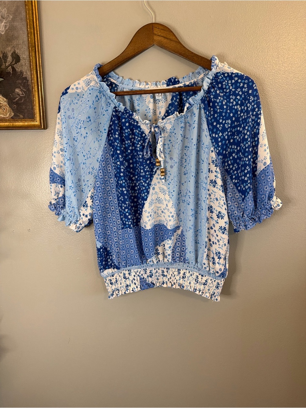 Rose & Olive Blue Patchwork Floral Peasant Blouse - Picture 2 of 7